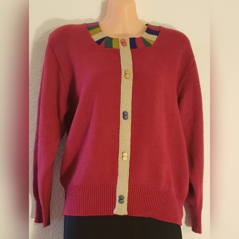 VINTAGE POLLY Sweater Pull over Faux Buttons Color Block Collar